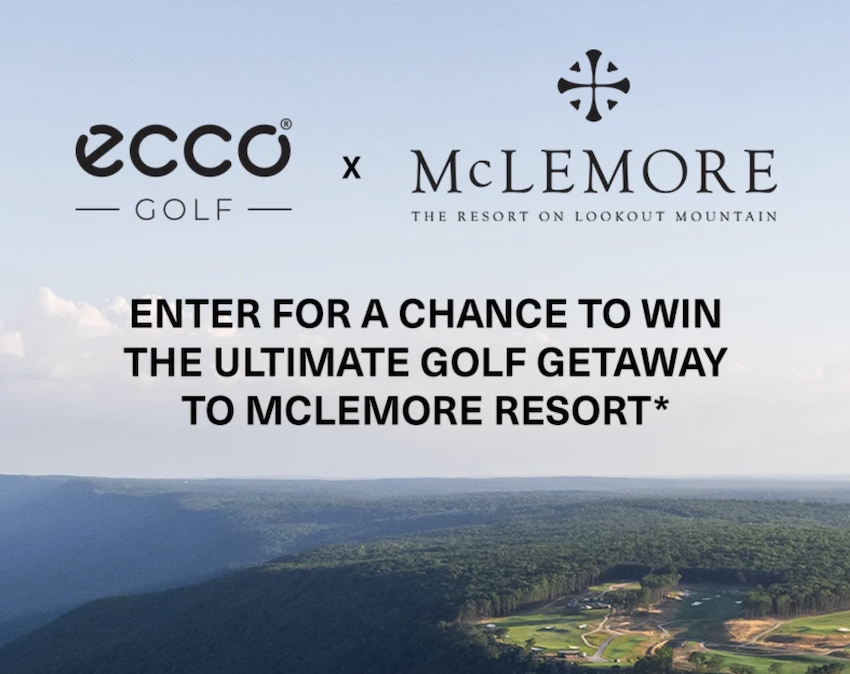 Promotional banner announcing a chance to win the ultimate golf getaway to McLemore Resort, by ECCO Golf x McLemore, over a hillside course image.